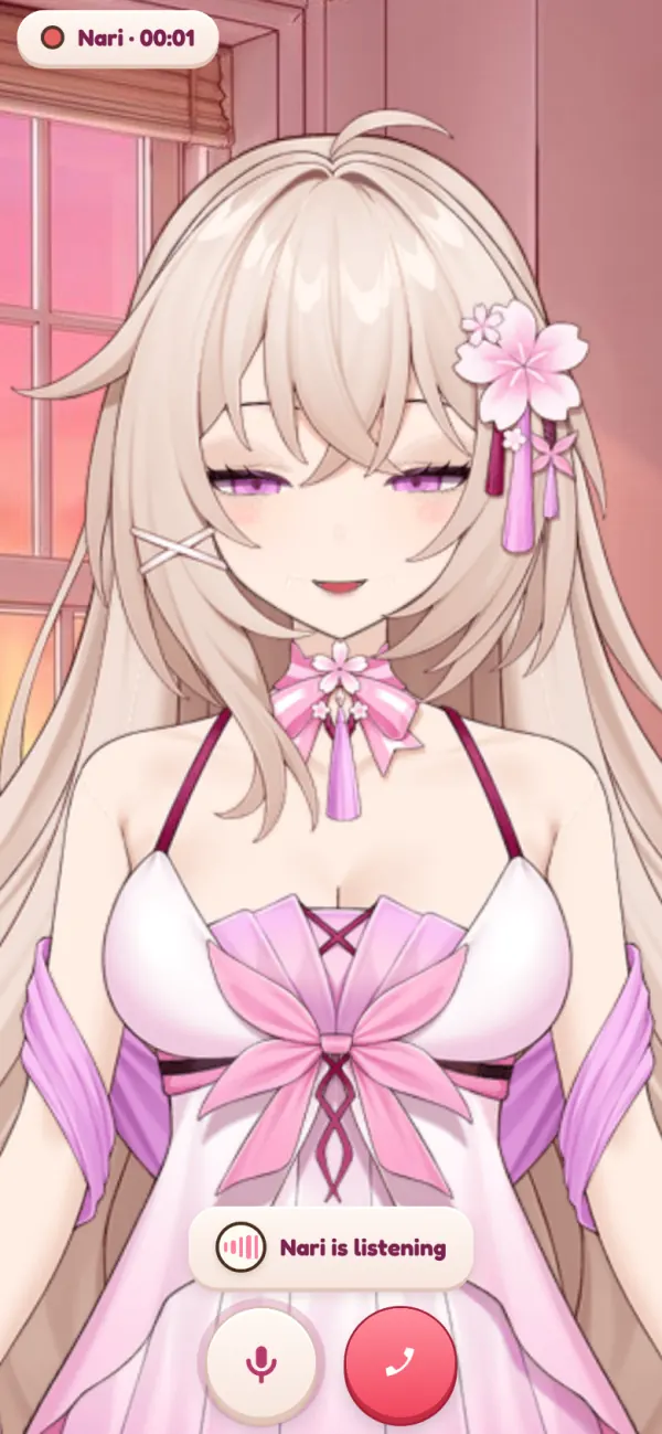 A live voice call with Nari in the browser, showing Nari is listening