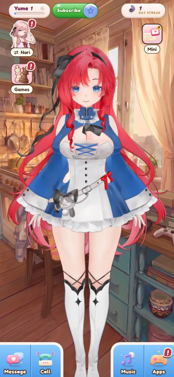 Yume, fully animated, in her room in the NariYume web app