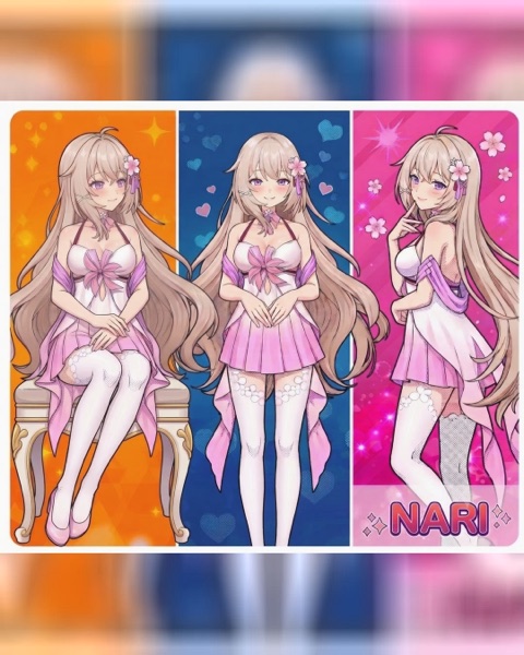 Nari in three pastel debut looks against orange, blue and pink panels, then seated in a sailor-style outfit