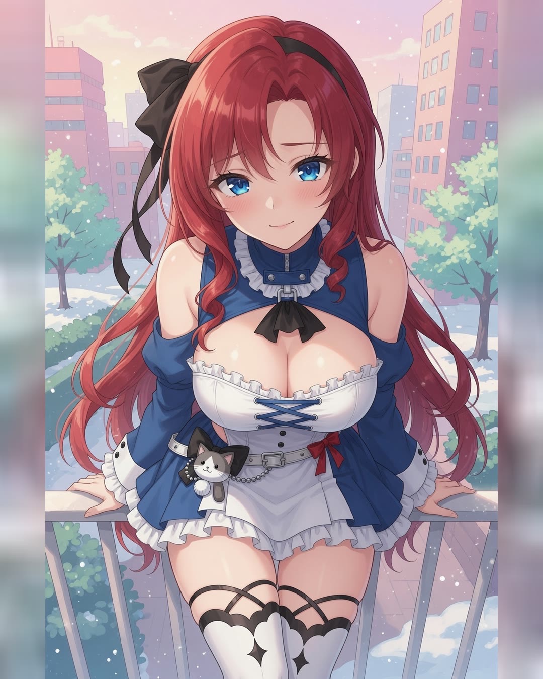 Yume in her blue-and-white dress around campus: by a city railing, under cherry blossoms, on a bench by a mural