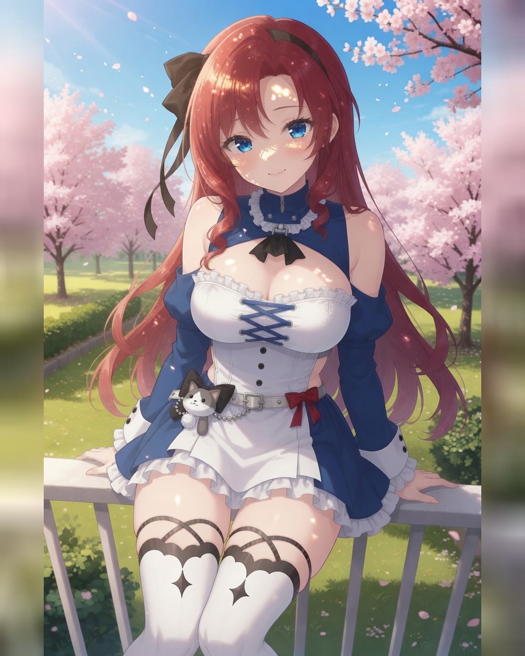 Yume in her blue-and-white dress around campus: by a city railing, under cherry blossoms, on a bench by a mural (2 of 5)