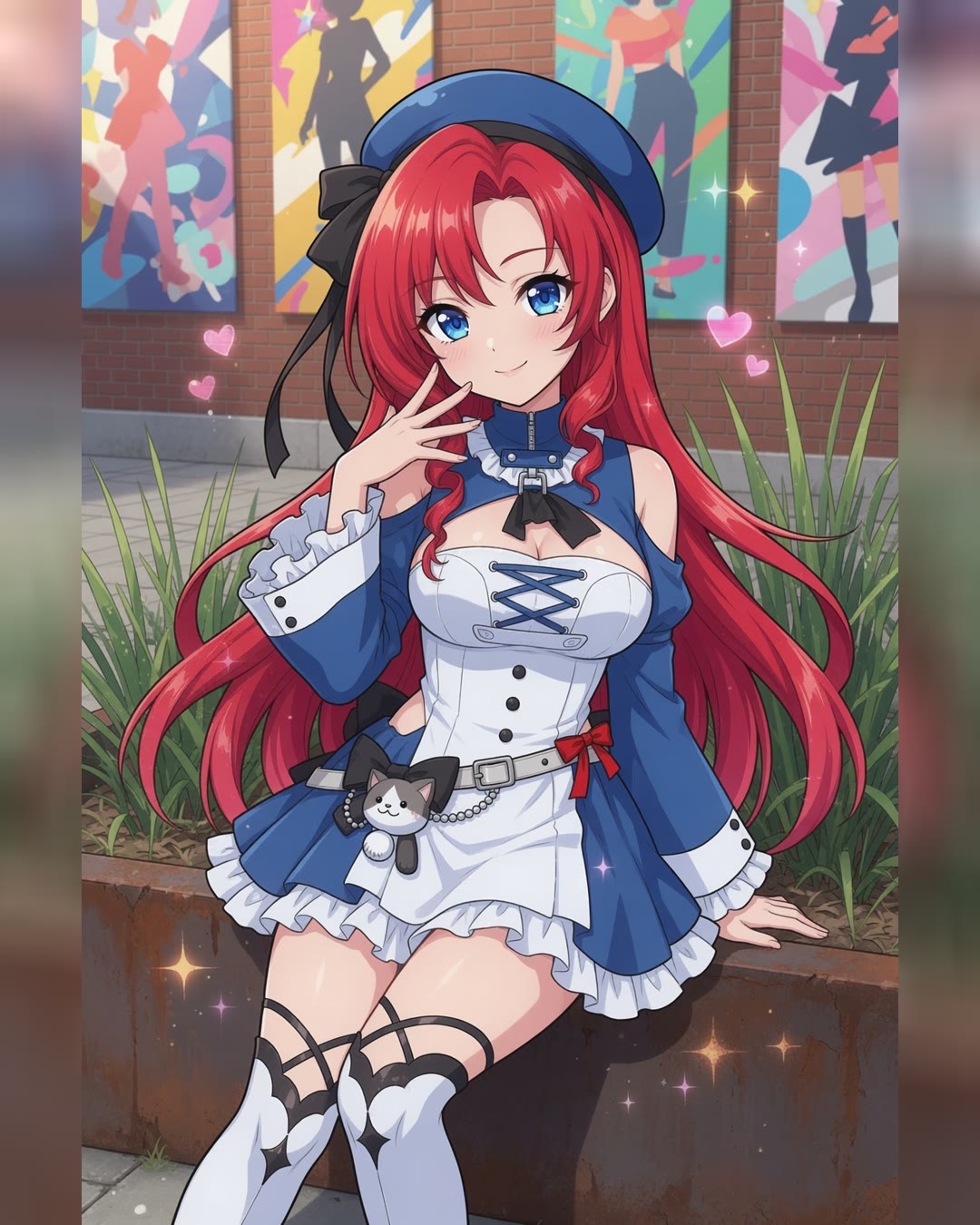 Yume in her blue-and-white dress around campus: by a city railing, under cherry blossoms, on a bench by a mural (3 of 5)
