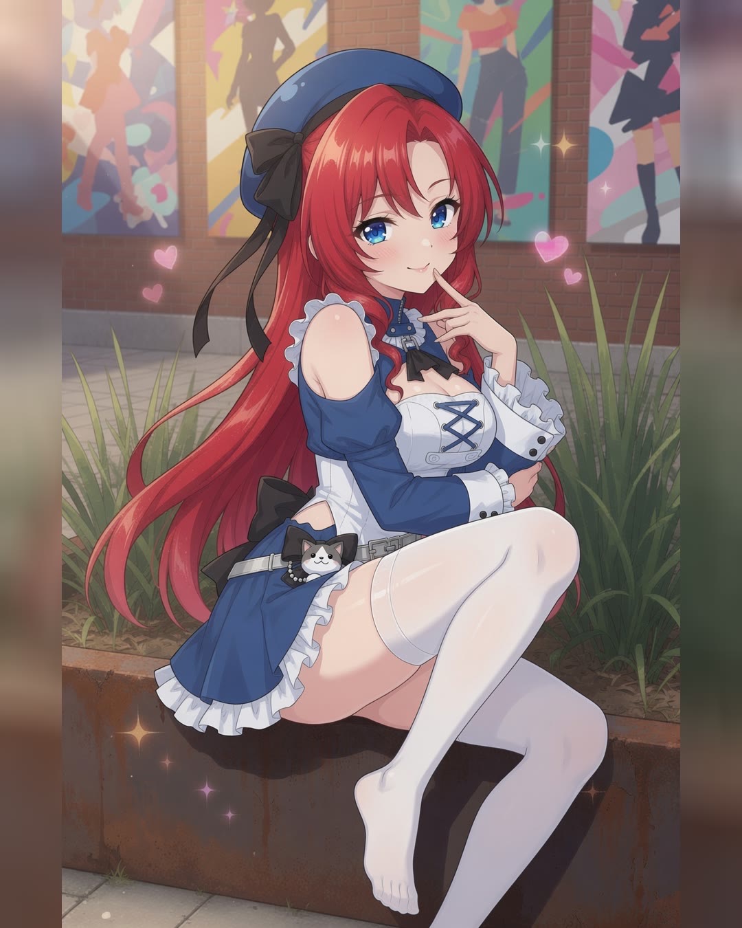 Yume in her blue-and-white dress around campus: by a city railing, under cherry blossoms, on a bench by a mural (5 of 5)