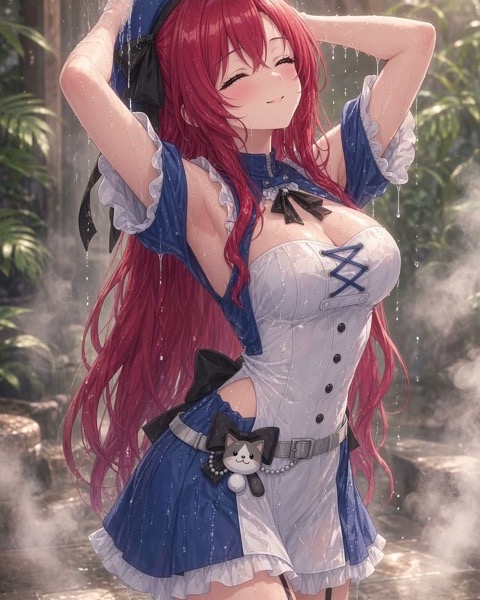 Yume in a blue beret, eyes closed and arms raised, standing in a warm summer rain