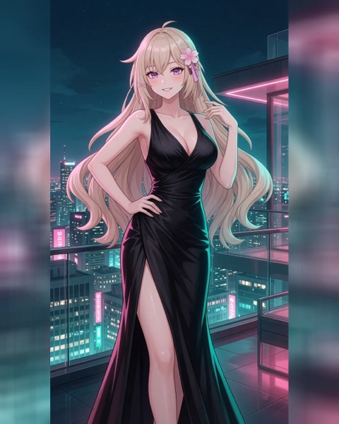 Nari in a long black gown on a neon city balcony, then in a short black dress with a pink ribbon