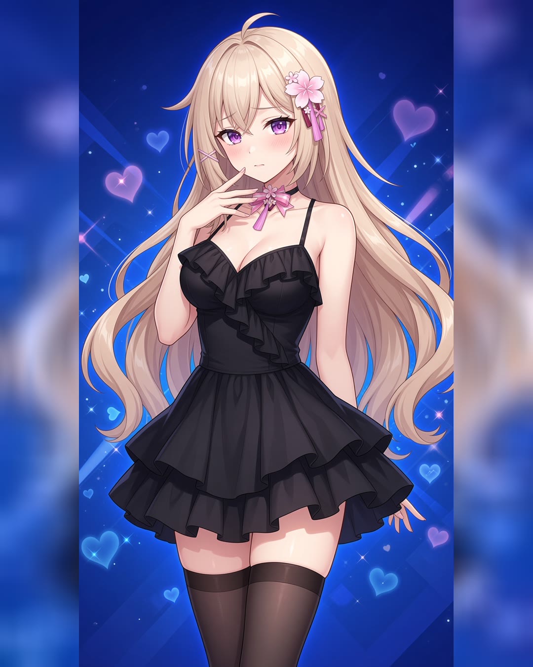 Nari in a long black gown on a neon city balcony, then in a short black dress with a pink ribbon (2 of 2)
