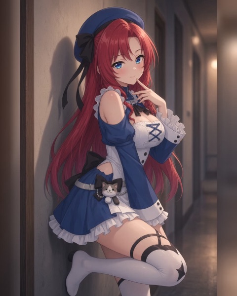 Yume in a blue beret, leaning against the wall of a dim hallway