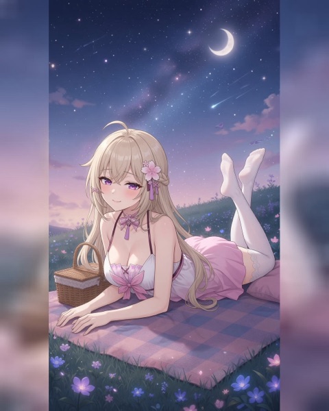 Nari on a picnic blanket under a crescent moon and a starry sky, a wicker basket beside her