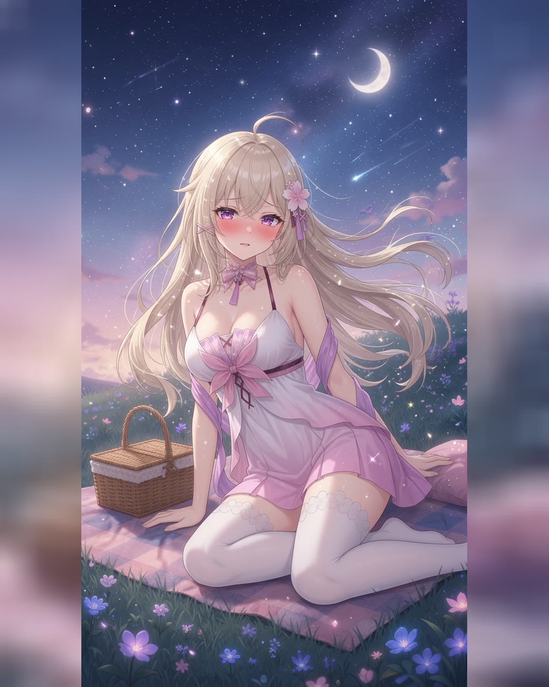 Nari on a picnic blanket under a crescent moon and a starry sky, a wicker basket beside her (2 of 2)