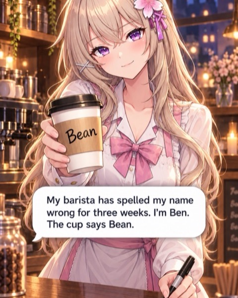 Nari behind a warm cafe counter, holding a takeaway cup labelled Bean.