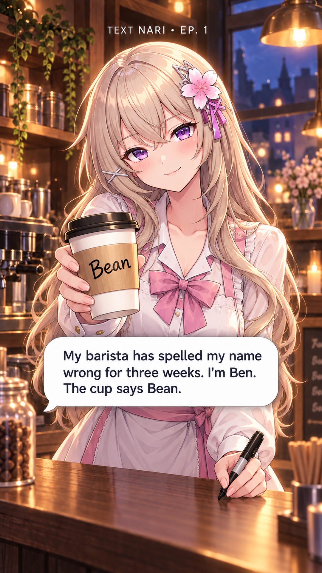 Nari behind a warm cafe counter, holding a takeaway cup labelled Bean.
