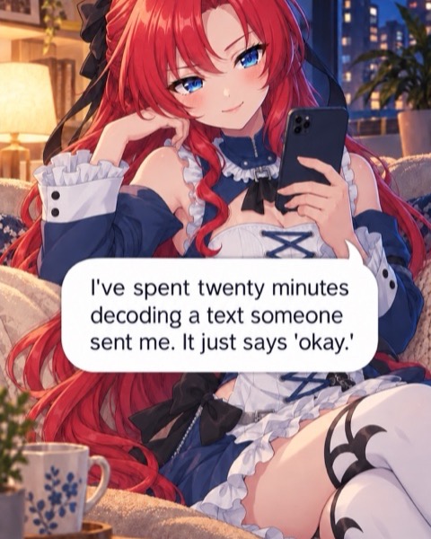 Yume with red hair and a blue-and-white dress, sitting on a sofa with her phone.