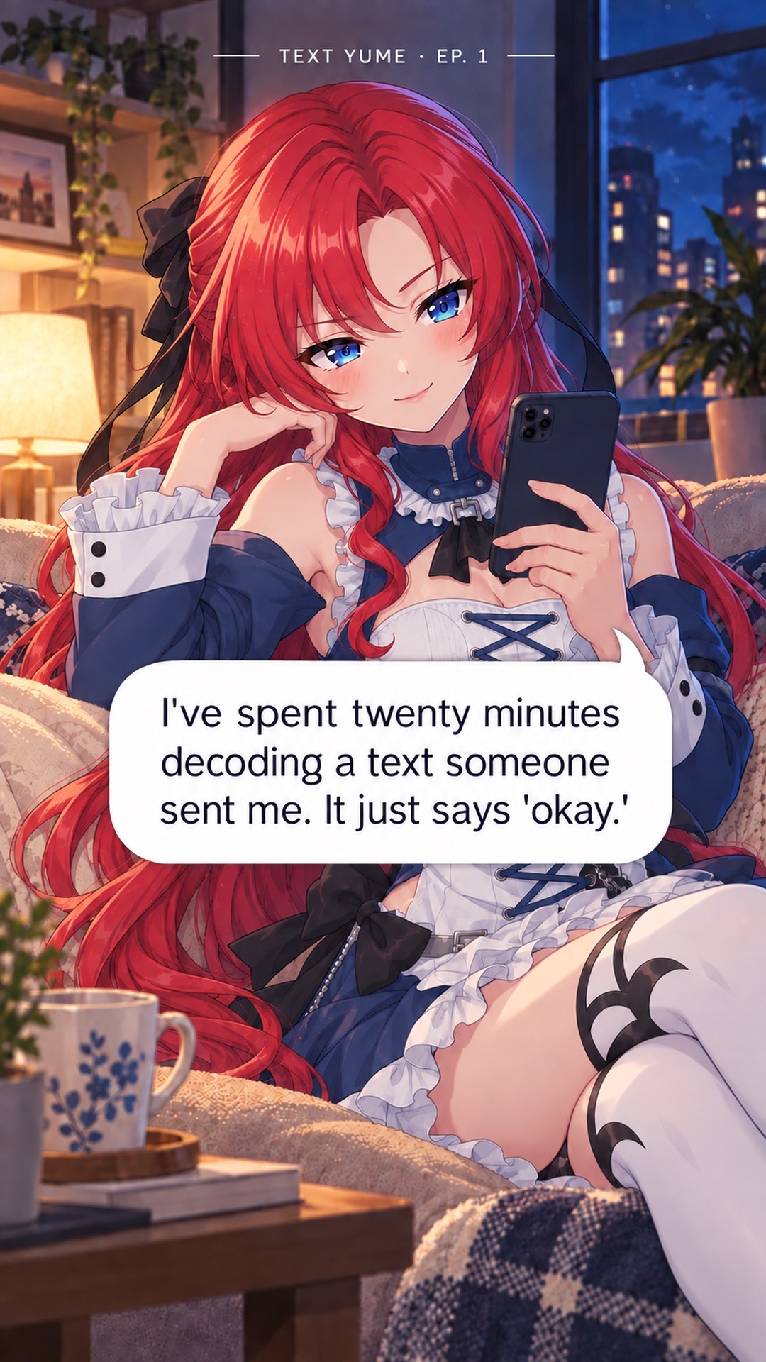 Yume with red hair and a blue-and-white dress, sitting on a sofa with her phone.