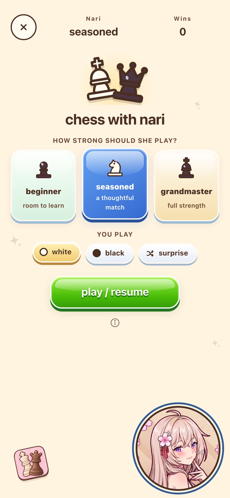 Chess in the NariYume web app