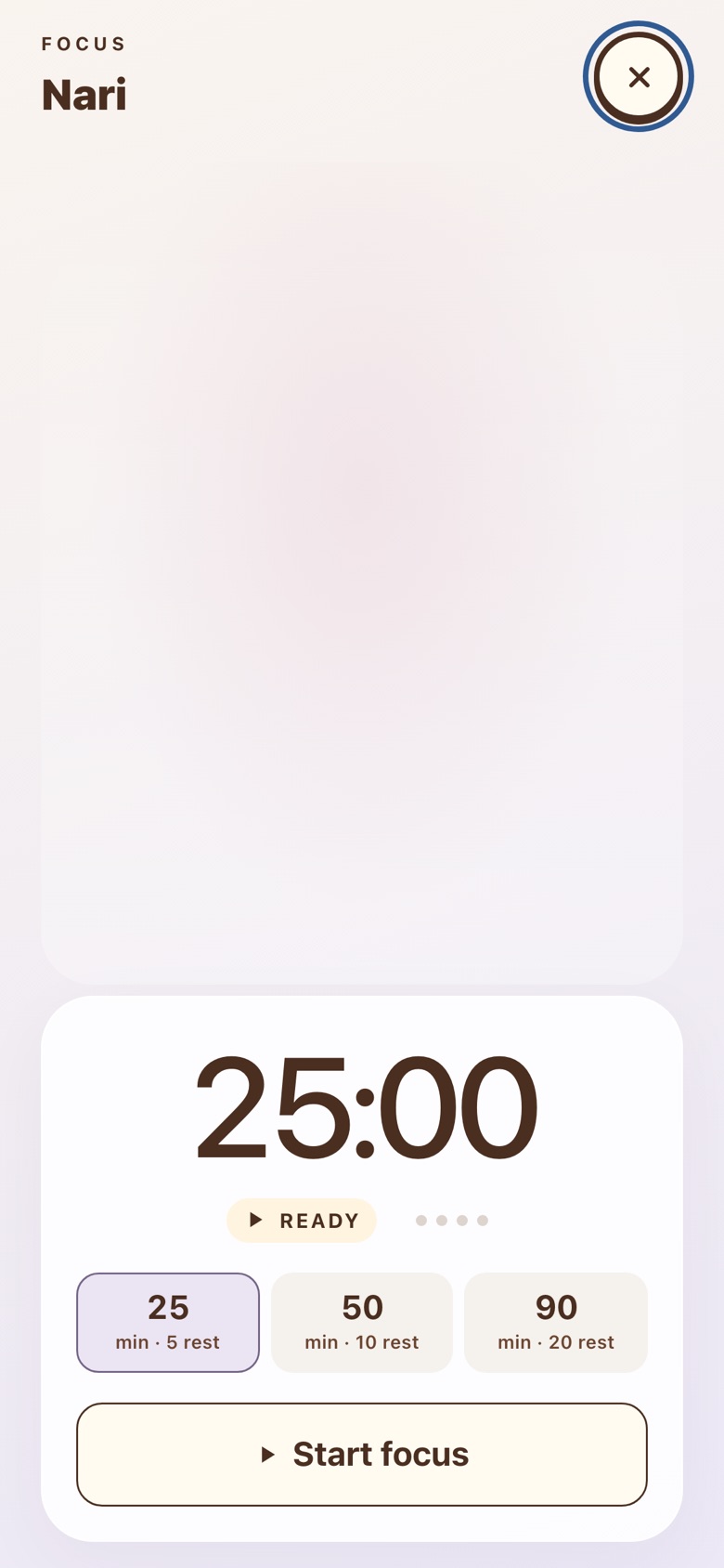 Focus Timer in the NariYume web app